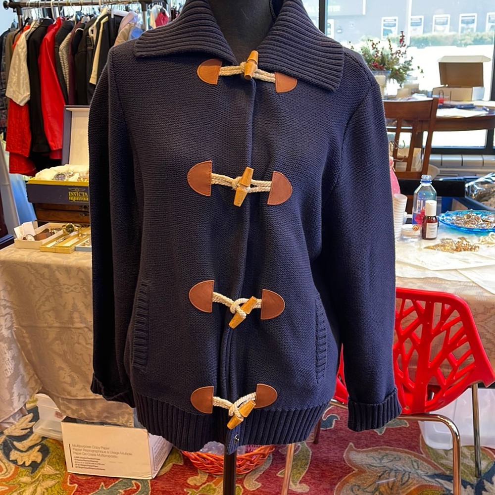 VTG Lauren by Ralph Lauren XL cardigan with pockets, navy blue, high collar,
